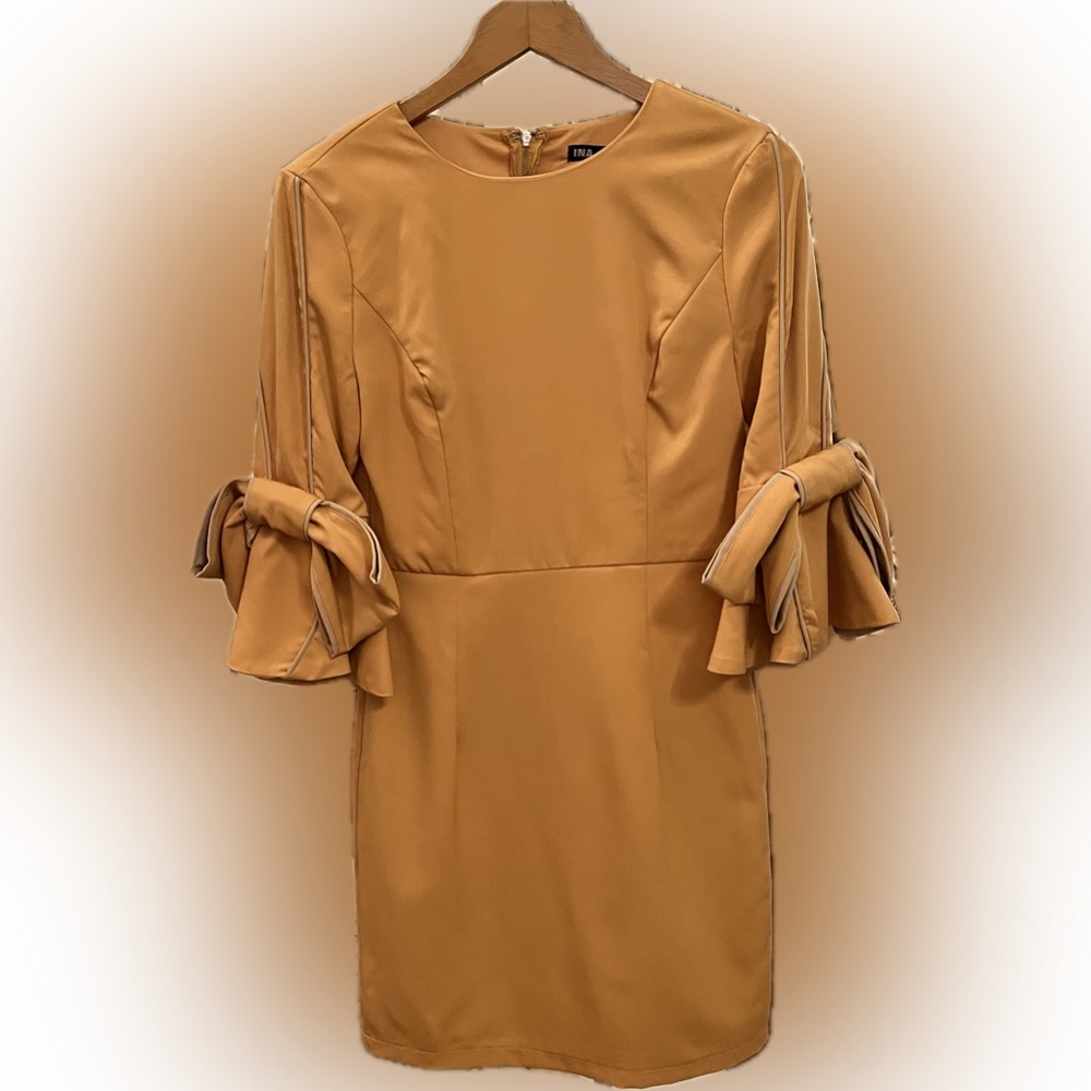 Mustard Yellow/Gold Mini Dress with Statement Bow Sleeves